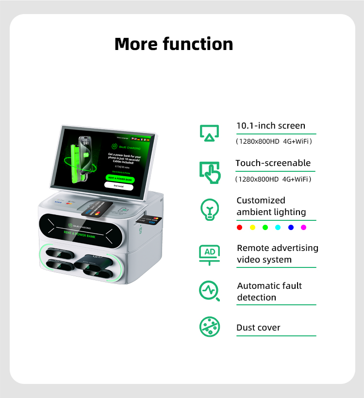 With a stacked credit card rental machine charging cabinet that can be selected with a touchscreen, increasing software interaction customization options, and supporting multiple POS built-in methods.
