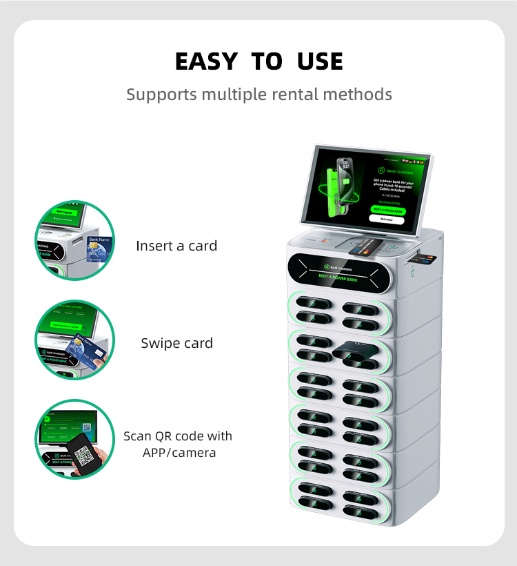 With a stacked credit card rental machine charging cabinet that can be selected with a touchscreen, increasing software interaction customization options, and supporting multiple POS built-in methods.