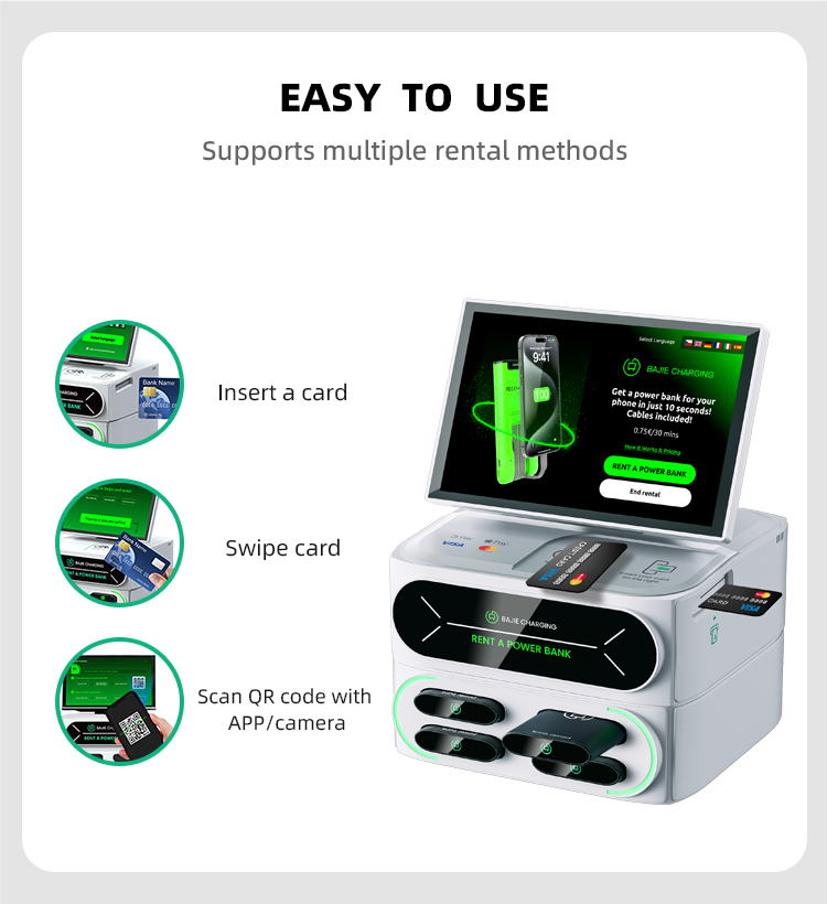 With a stacked credit card rental machine charging cabinet that can be selected with a touchscreen, increasing software interaction customization options, and supporting multiple POS built-in methods.