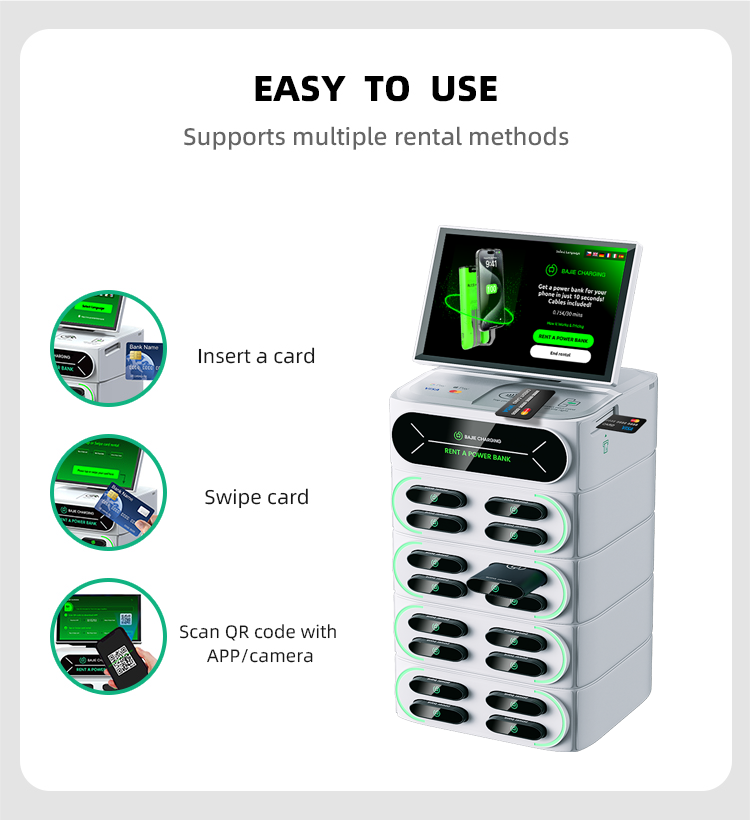 With a stacked credit card rental machine charging cabinet that can be selected with a touchscreen, increasing software interaction customization options, and supporting multiple POS built-in methods.