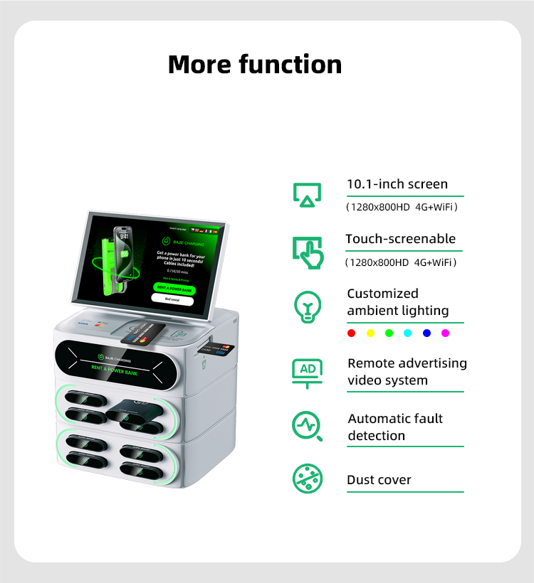 With a stacked credit card rental machine charging cabinet that can be selected with a touchscreen, increasing software interaction customization options, and supporting multiple POS built-in methods.