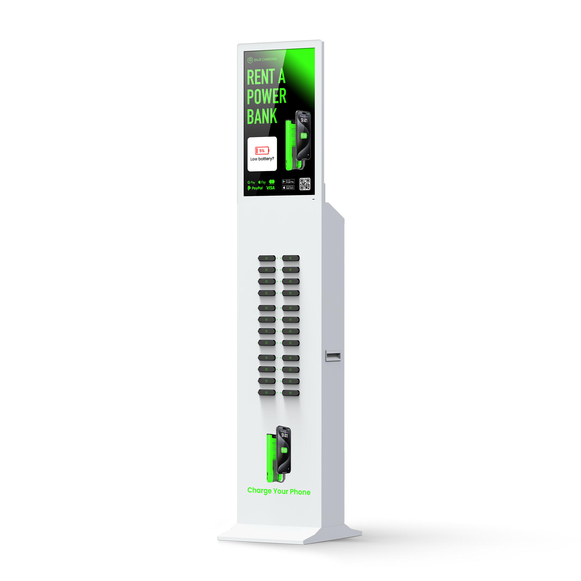 With advertising screen, suitable for places with high traffic, such as shopping malls, museums.