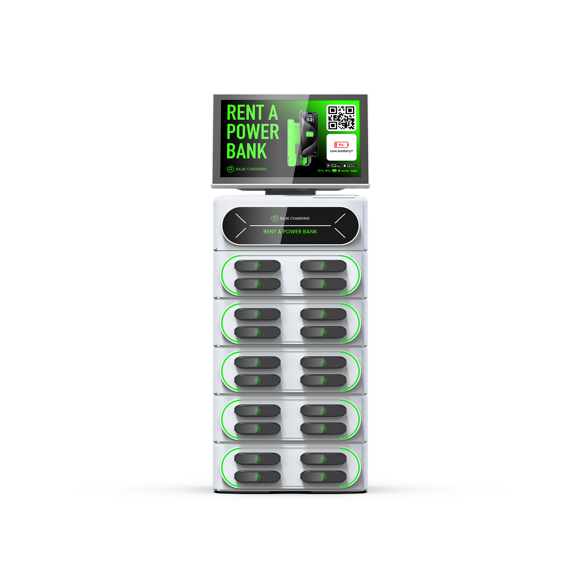 With a stacked credit card rental machine charging cabinet that can be selected with a touchscreen, increasing software interaction customization options, and supporting multiple POS built-in methods.