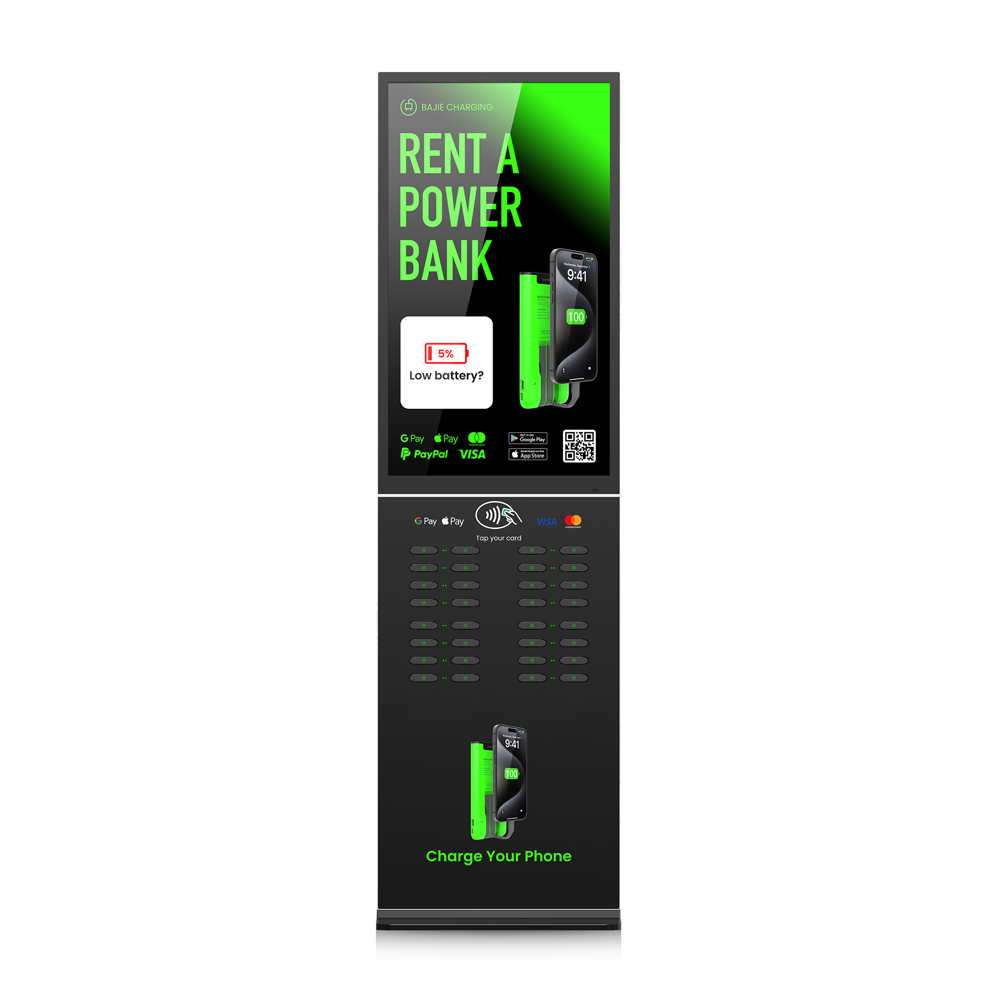 The shared power bank station with a POS machine can have the POS integrated or external (for external POS, it can be placed in the middle or on the left).