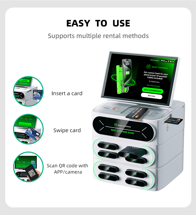8 slots & touch screen & credit card shared power bank rental station